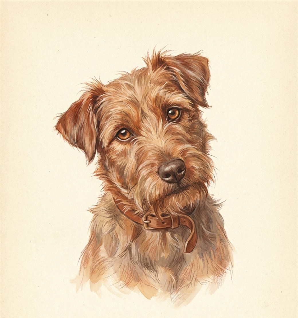 A hand-painted portrait of a dog tilting its head, listening closely with soft, attentive eyes.
