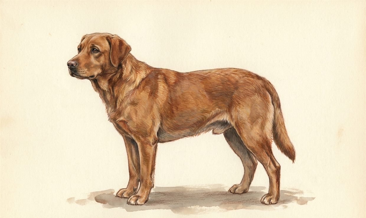 A hand-painted side profile of a calm dog standing in a relaxed, natural posture.