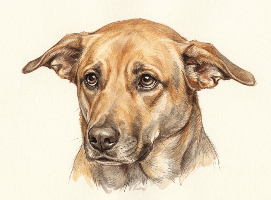 Illustration of a worried dog with its ears flattened back and down against its head.