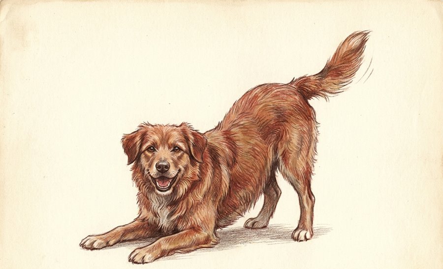 Illustration of a dog in a play bow, front legs and chest lowered flat to the ground, hips and rear raised, tail up, mouth open and relaxed.